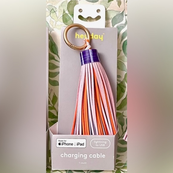 Lightning to USB Charging Cable Colorful Tassel Keychain for iPhone Orange Pink - Picture 3 of 4